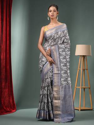 Charcoal Blended Silk Handwoven Ajrakh Print Saree 1